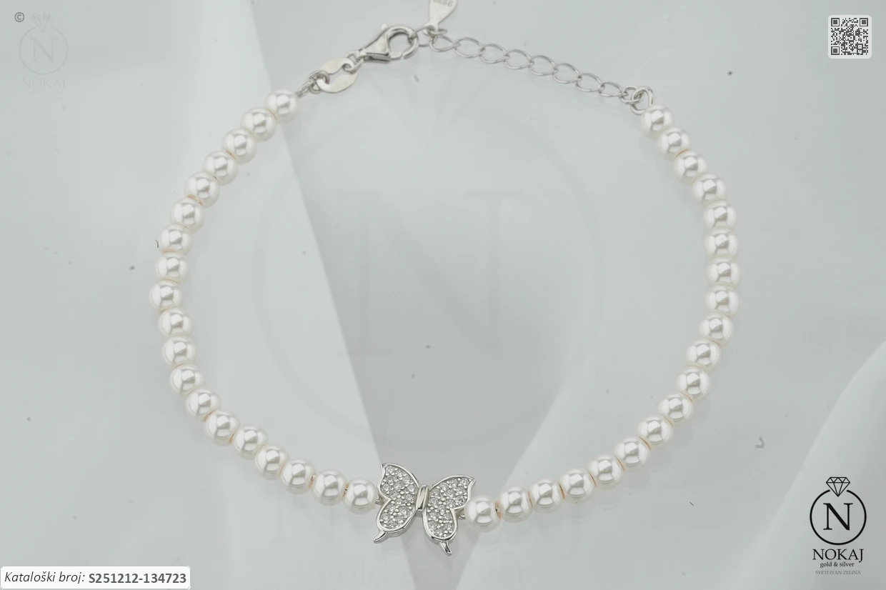 SREBRNA NARUKVICA S BISEROM - LEPTIR (S251212-134723)